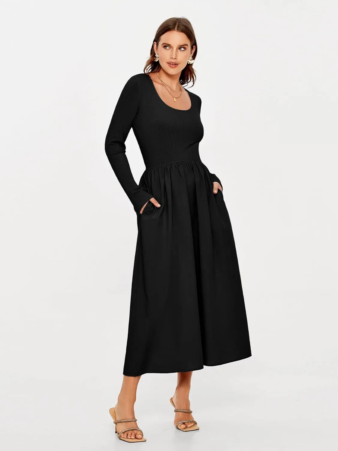 Glamaker Womens Long Sleeve Midi Dress 2025 Spring Wedding Guest Dress Casual HOCO A Line Holiday Dress with Pockets