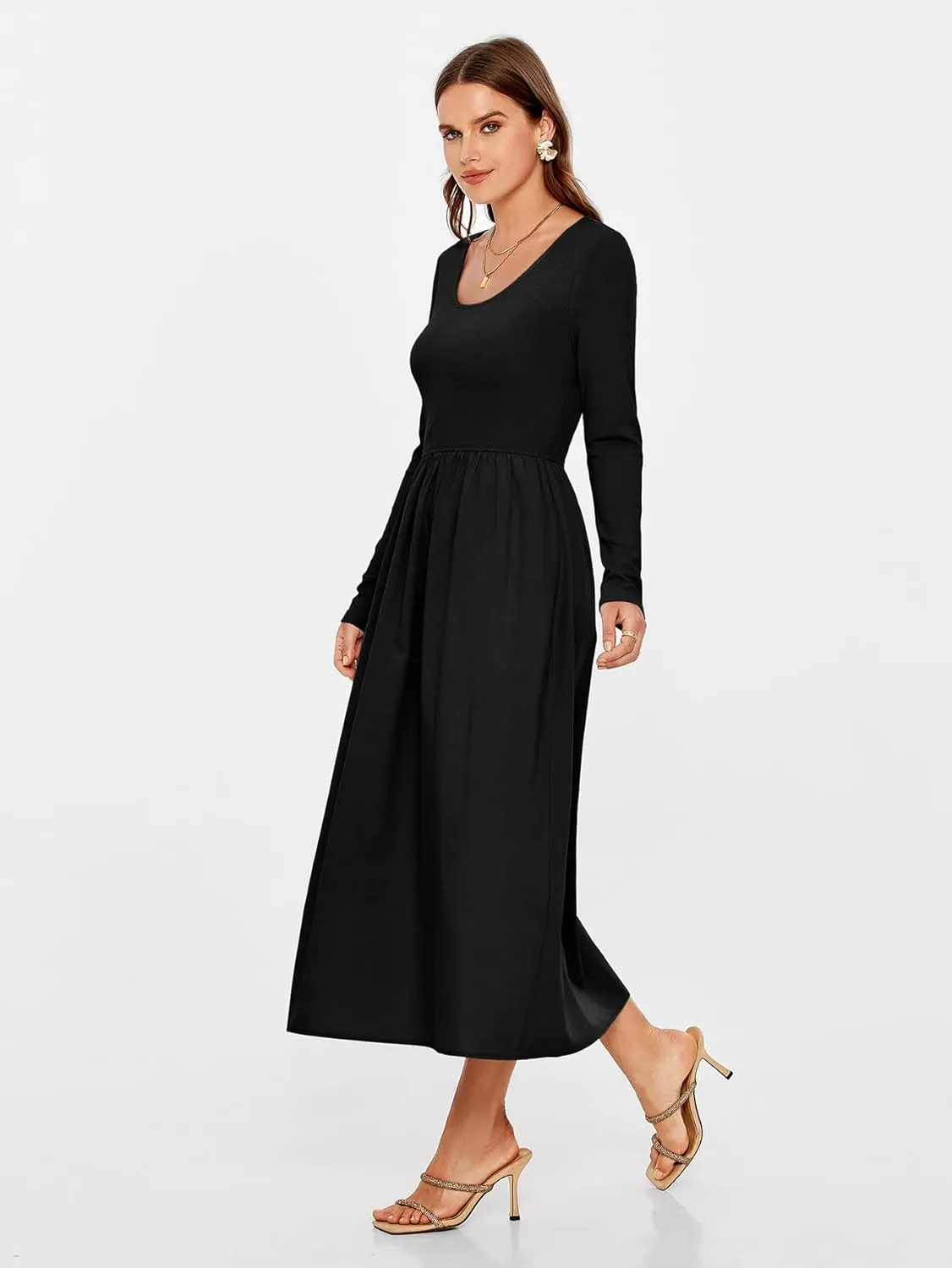 Glamaker Womens Long Sleeve Midi Dress 2025 Spring Wedding Guest Dress Casual HOCO A Line Holiday Dress with Pockets