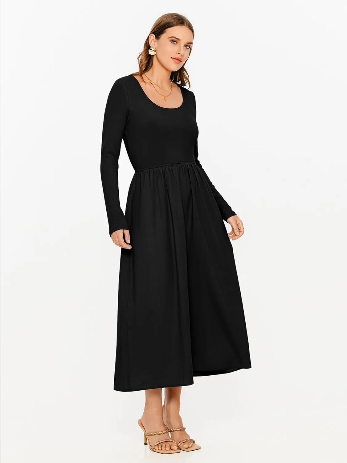 Glamaker Womens Long Sleeve Midi Dress 2025 Spring Wedding Guest Dress Casual HOCO A Line Holiday Dress with Pockets
