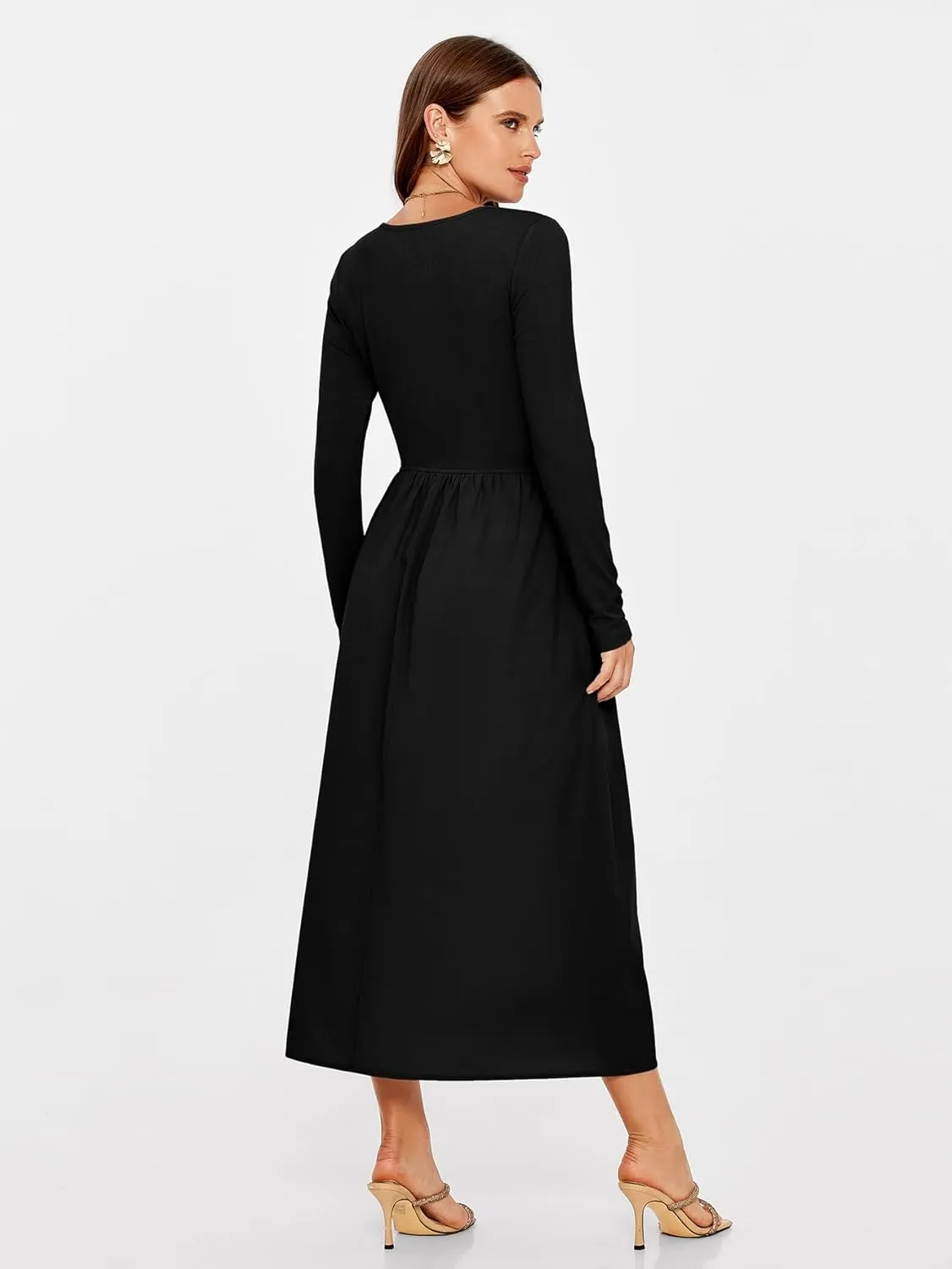 Glamaker Womens Long Sleeve Midi Dress 2025 Spring Wedding Guest Dress Casual HOCO A Line Holiday Dress with Pockets