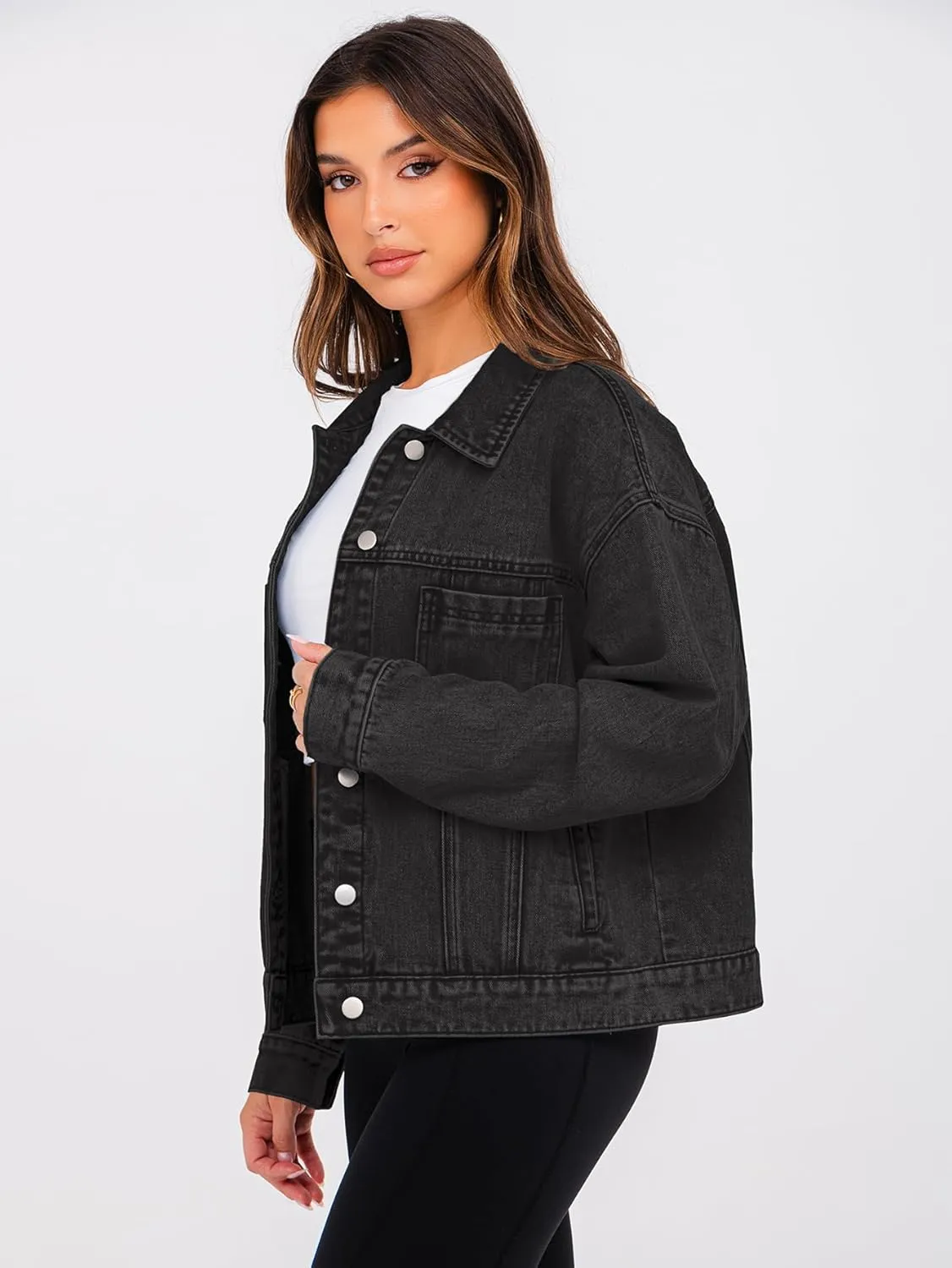 Glamaker Womens Oversized Jean Jacket Casual Long Sleeve Button Down Denim Jacket Fall Coat