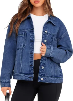 Glamaker Womens Oversized Jean Jacket Casual Long Sleeve Button Down Denim Jacket Fall Coat