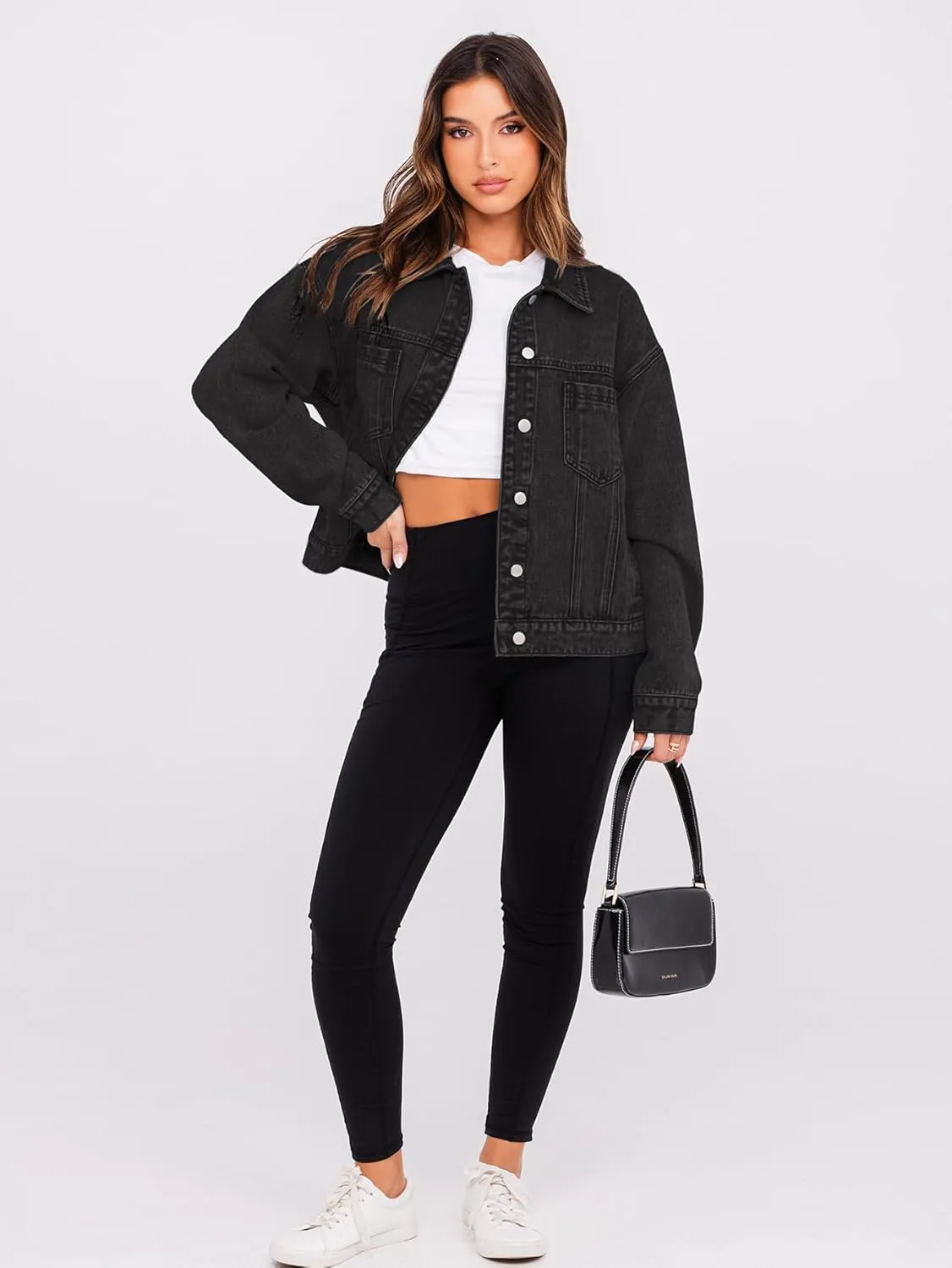 Glamaker Womens Oversized Jean Jacket Casual Long Sleeve Button Down Denim Jacket Fall Coat