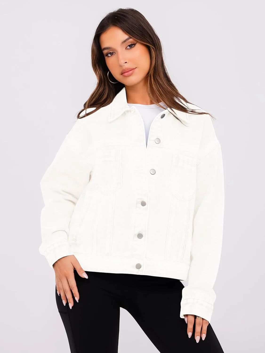 Glamaker Womens Oversized Jean Jacket Casual Long Sleeve Button Down Denim Jacket Fall Coat