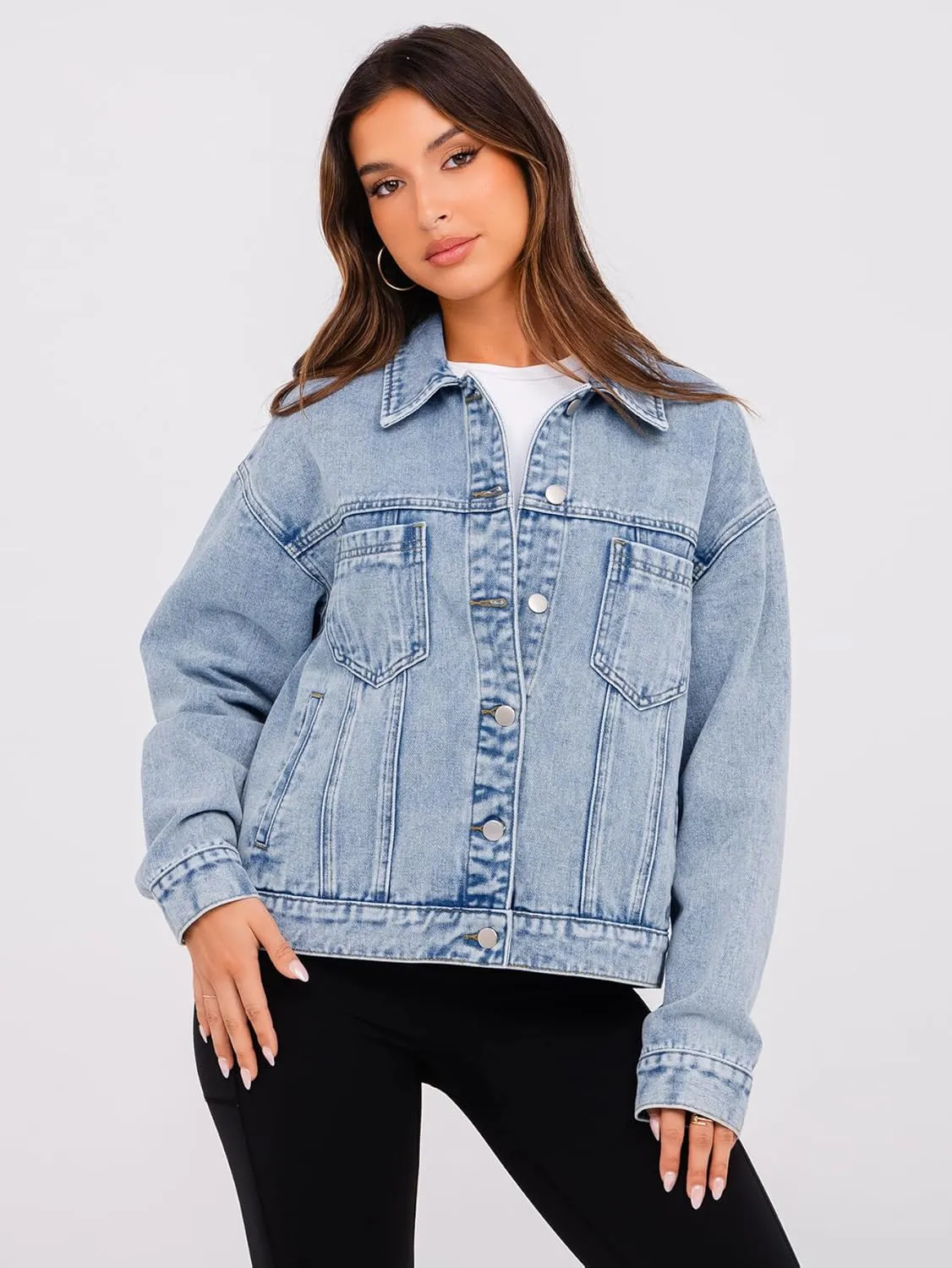 Glamaker Womens Oversized Jean Jacket Casual Long Sleeve Button Down Denim Jacket Fall Coat