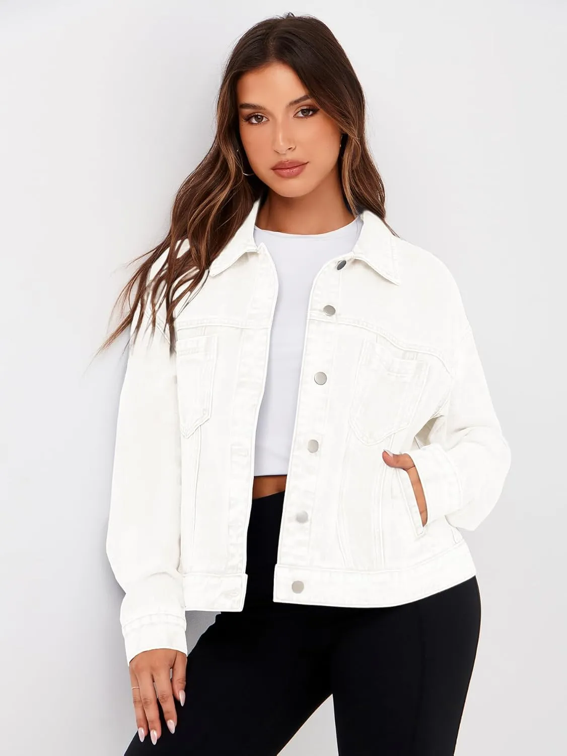 Glamaker Womens Oversized Jean Jacket Casual Long Sleeve Button Down Denim Jacket Fall Coat