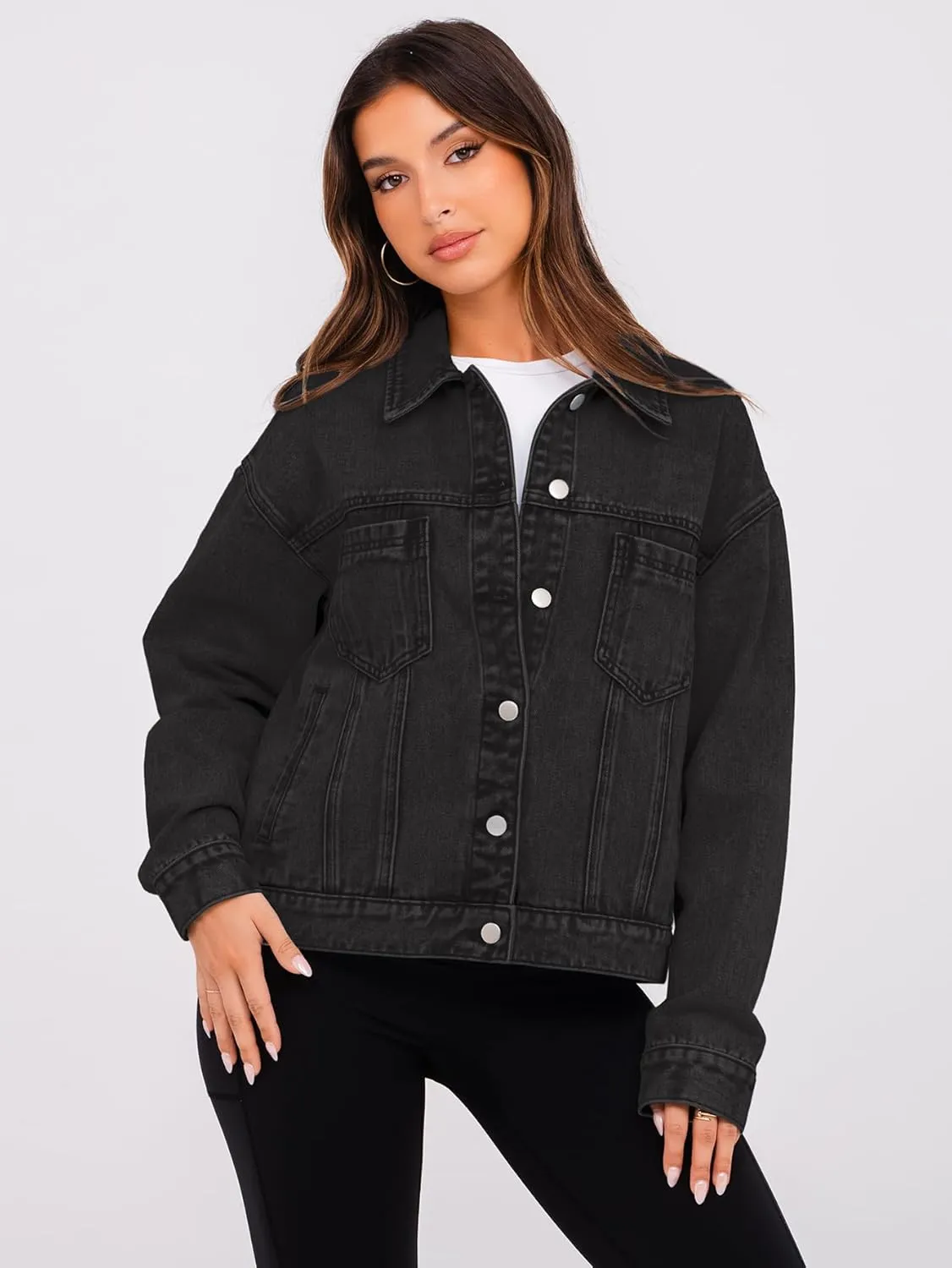 Glamaker Womens Oversized Jean Jacket Casual Long Sleeve Button Down Denim Jacket Fall Coat