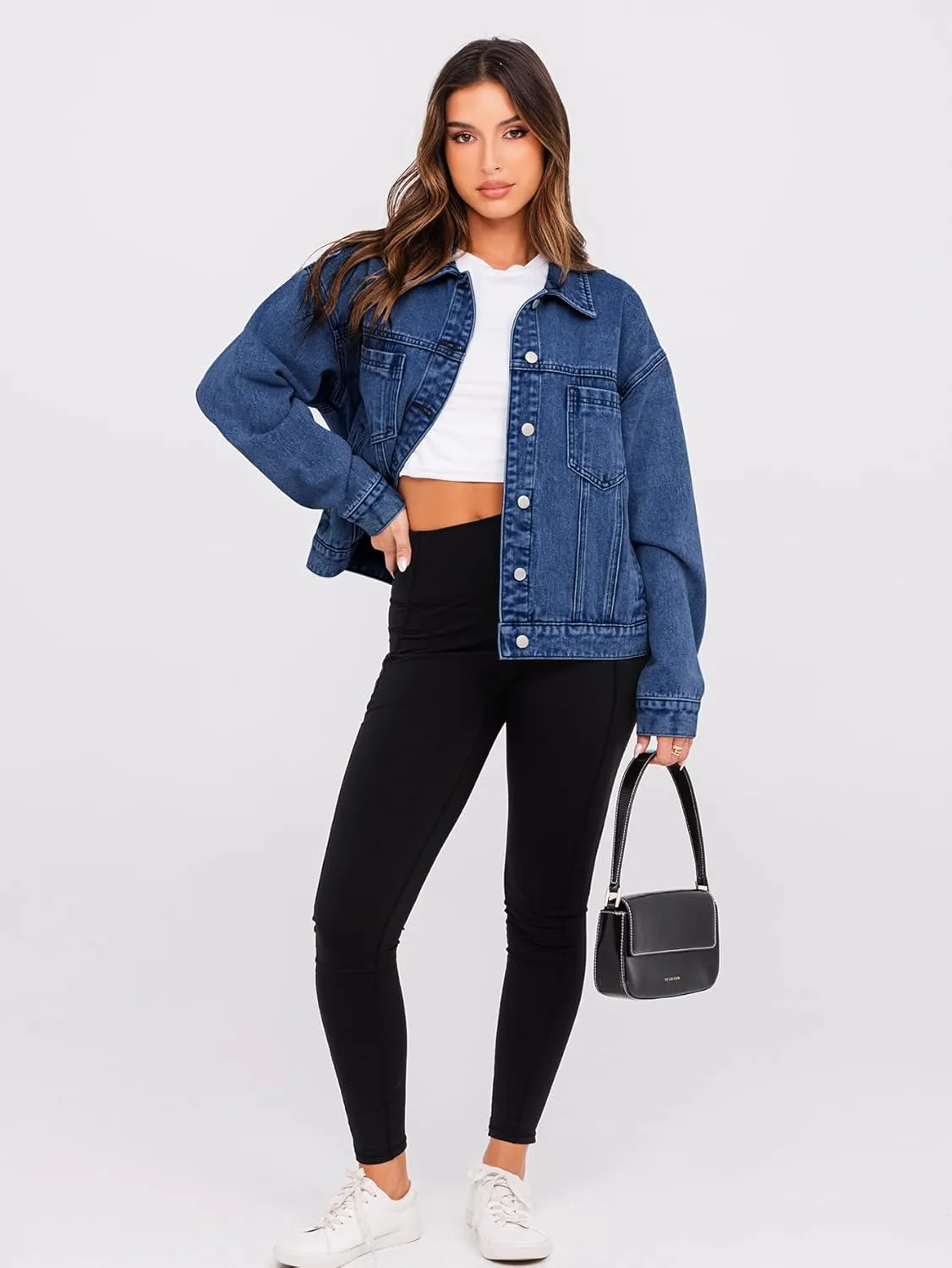Glamaker Womens Oversized Jean Jacket Casual Long Sleeve Button Down Denim Jacket Fall Coat