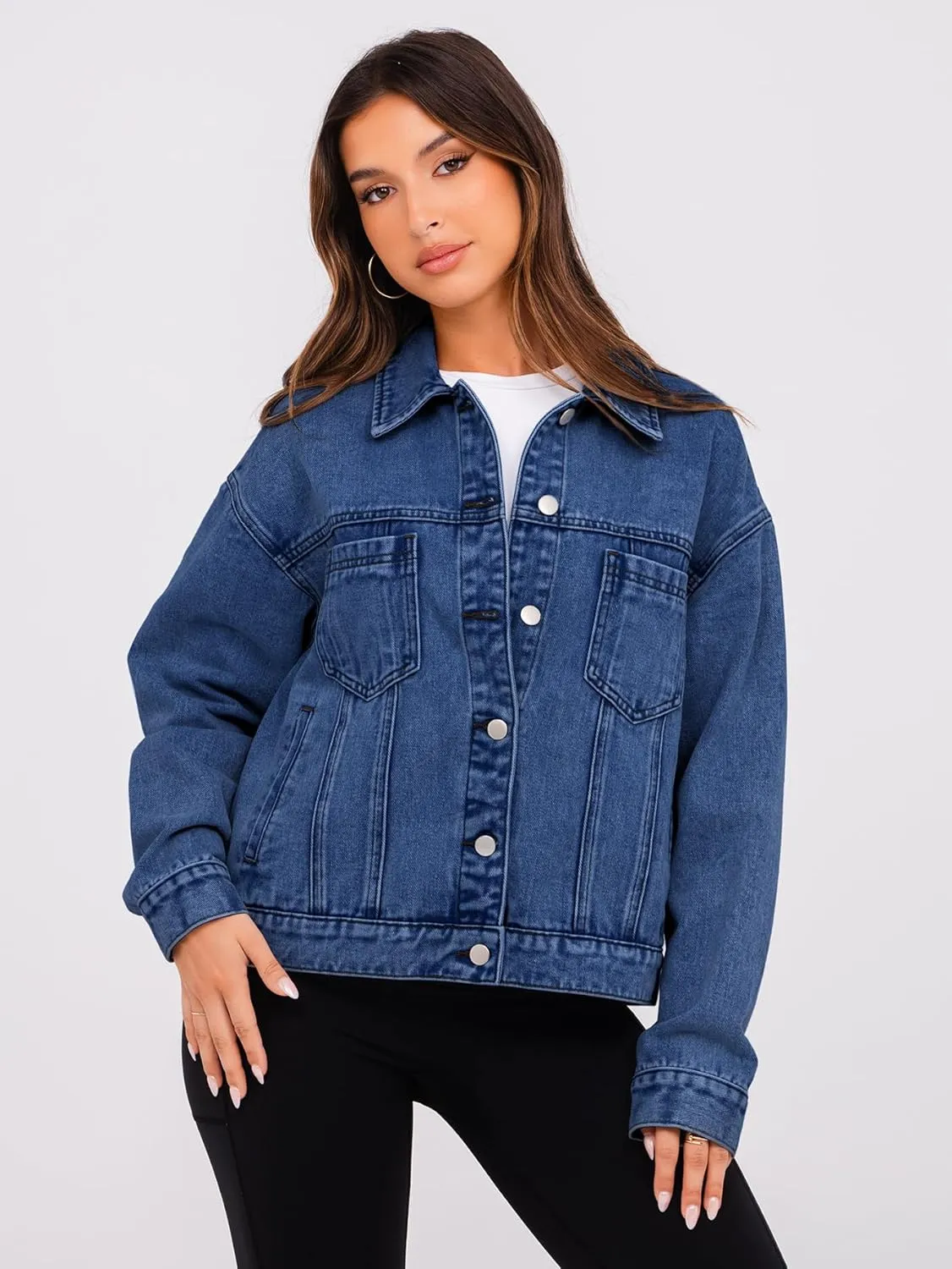 Glamaker Womens Oversized Jean Jacket Casual Long Sleeve Button Down Denim Jacket Fall Coat