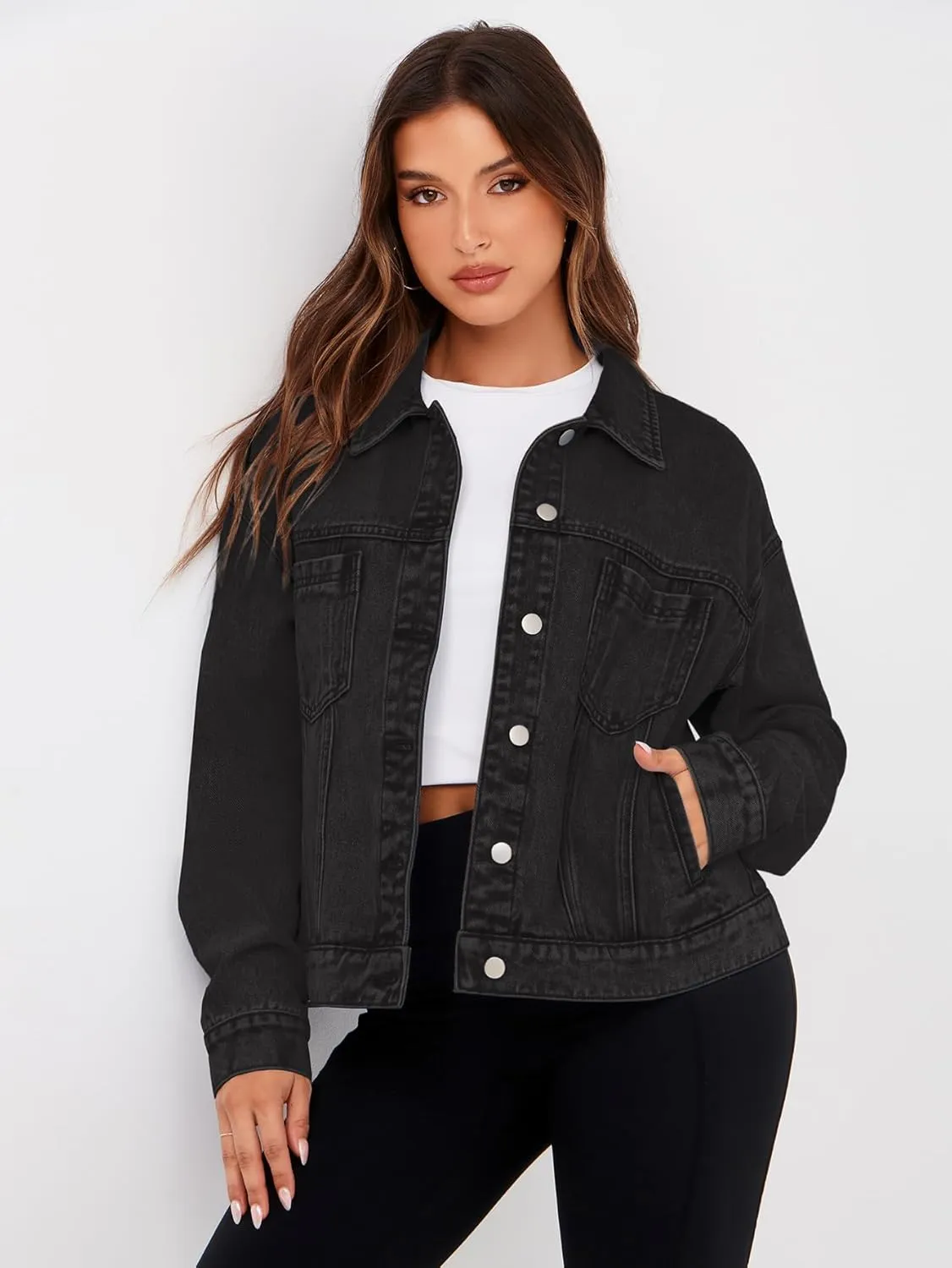 Glamaker Womens Oversized Jean Jacket Casual Long Sleeve Button Down Denim Jacket Fall Coat