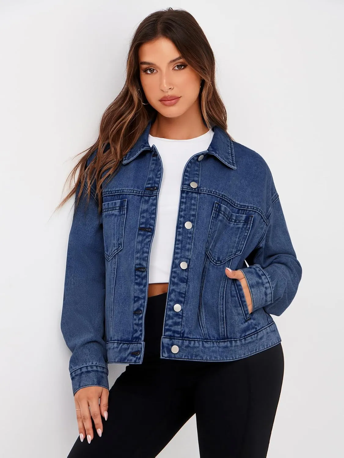 Glamaker Womens Oversized Jean Jacket Casual Long Sleeve Button Down Denim Jacket Fall Coat