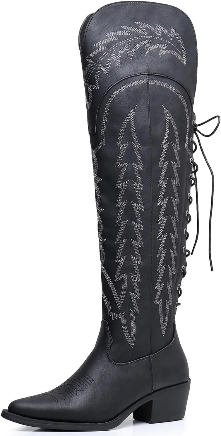 GLOBALWIN Women's Cowboy Western Fashion Over The Knee Thigh High Cowgirl Boots Low Heel
