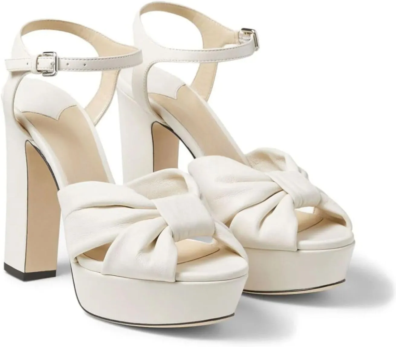 Goolita Bow Metallic Platform Heels for Women, Chunky Buckle Ankle Strap Heeled Sandals Sexy Peep Toe Wedding Bridal Shoes