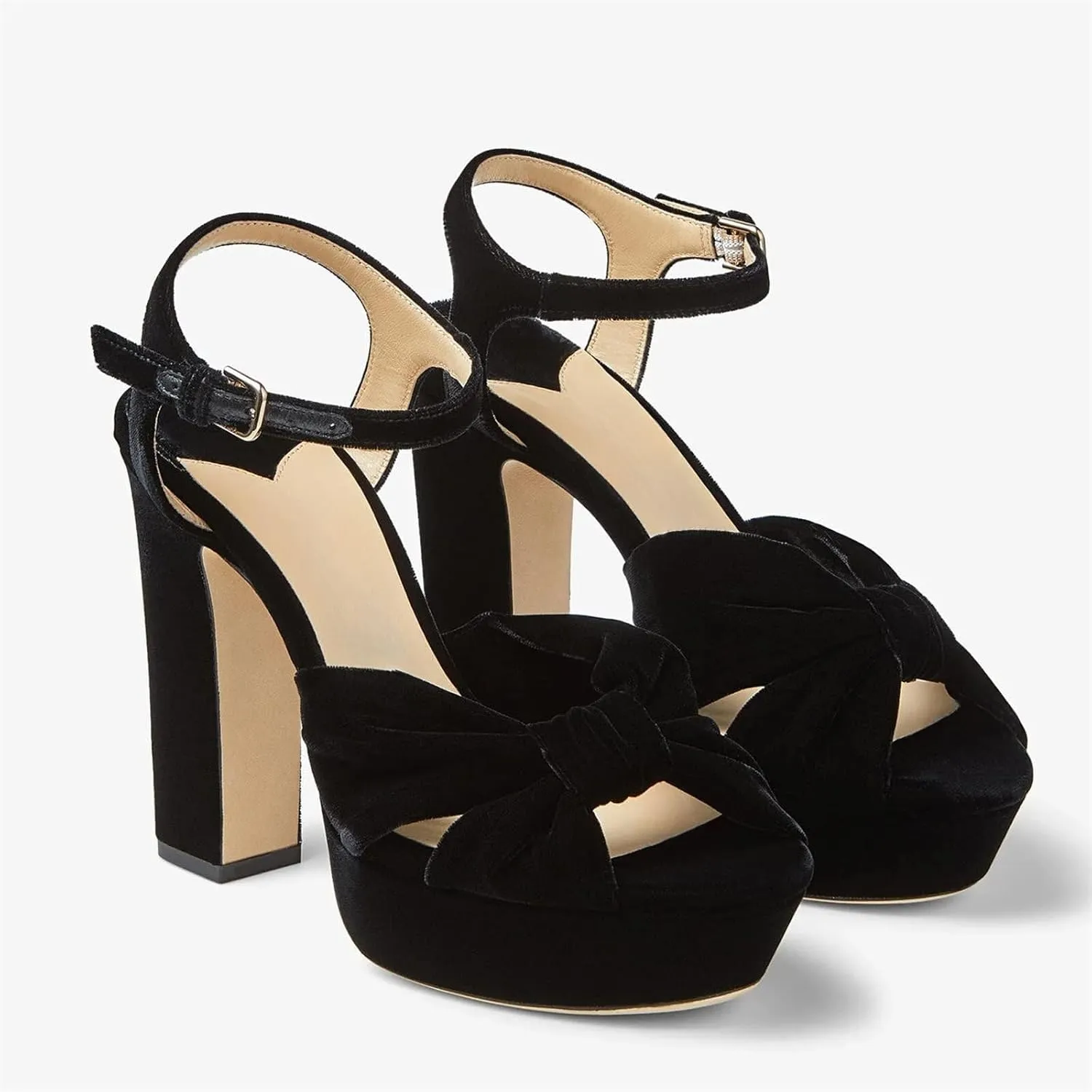 Goolita Bow Metallic Platform Heels for Women, Chunky Buckle Ankle Strap Heeled Sandals Sexy Peep Toe Wedding Bridal Shoes