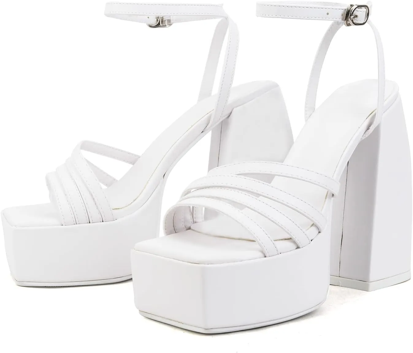 Goolita Summer Open Square Toe Chunky Platform Heels For Women Buckle Ankle Strap Heeled Sandals Slingback Dress Party Shoes