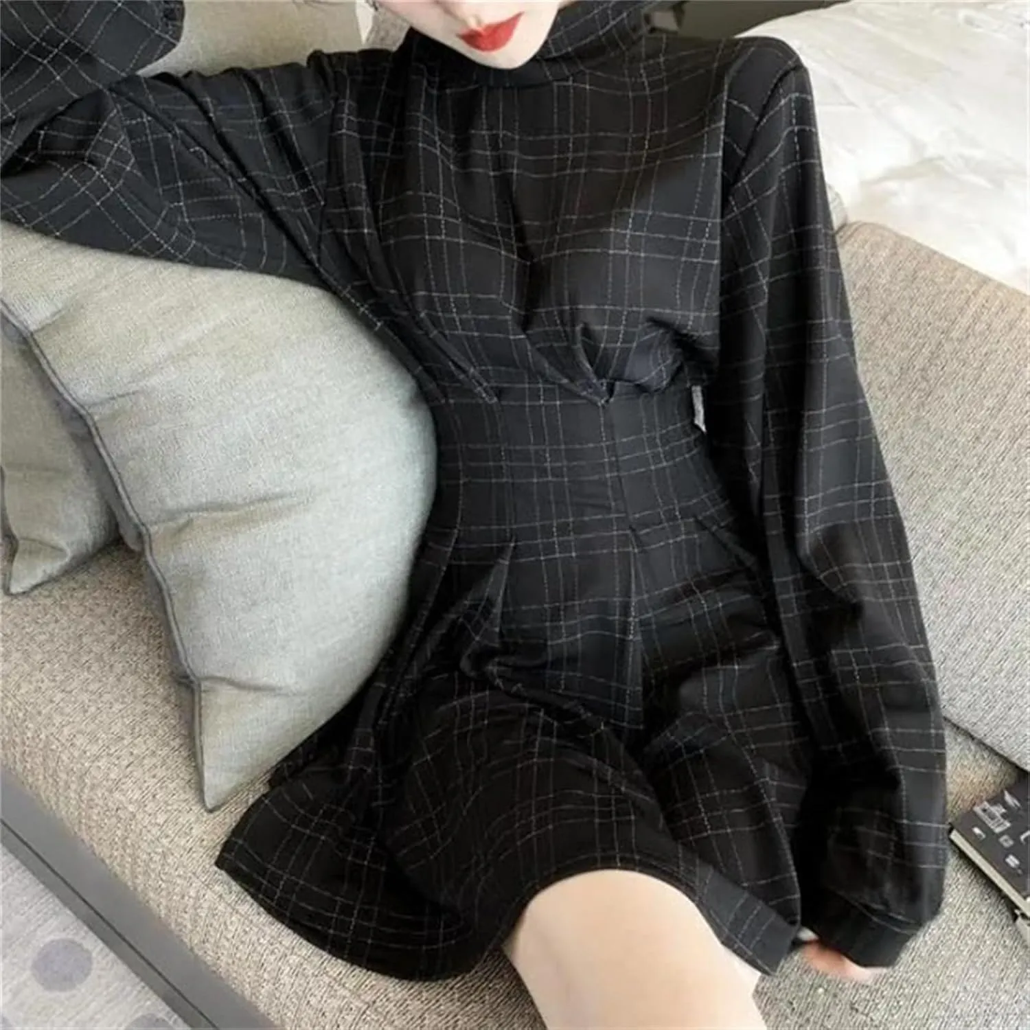 Goth Long Sleeve Dress Gothic Harajuku Vintage Plaid Wrap, Retro Plaid Dark Academia Clothing Women