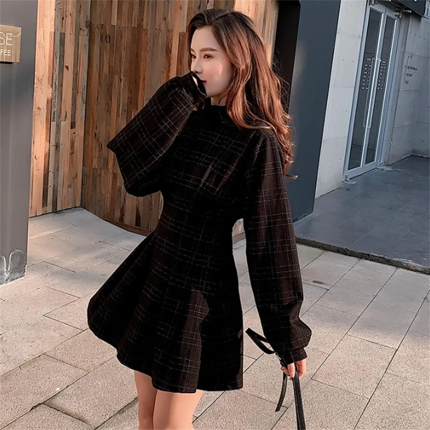 Goth Long Sleeve Dress Gothic Harajuku Vintage Plaid Wrap, Retro Plaid Dark Academia Clothing Women