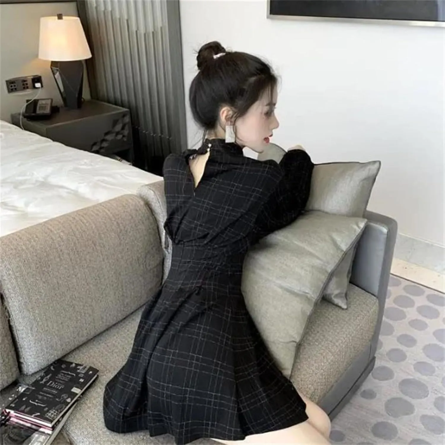 Goth Long Sleeve Dress Gothic Harajuku Vintage Plaid Wrap, Retro Plaid Dark Academia Clothing Women