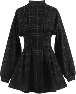 Goth Long Sleeve Dress Gothic Harajuku Vintage Plaid Wrap, Retro Plaid Dark Academia Clothing Women