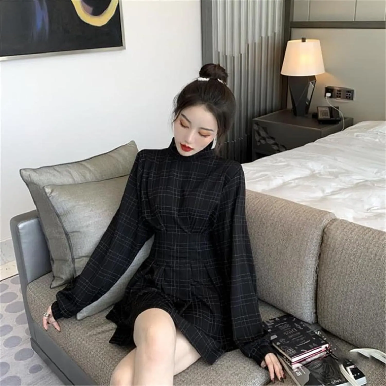 Goth Long Sleeve Dress Gothic Harajuku Vintage Plaid Wrap, Retro Plaid Dark Academia Clothing Women
