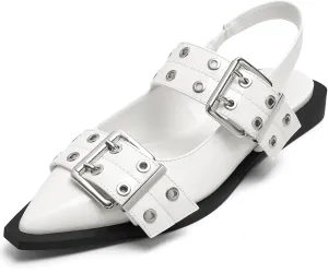 Greatonu Women's Slingback Flats Buckle Pointed Closed Toe Flat Shoes Comfortable Low Block Heel Mary Jane Casual Party Dressy Shoes