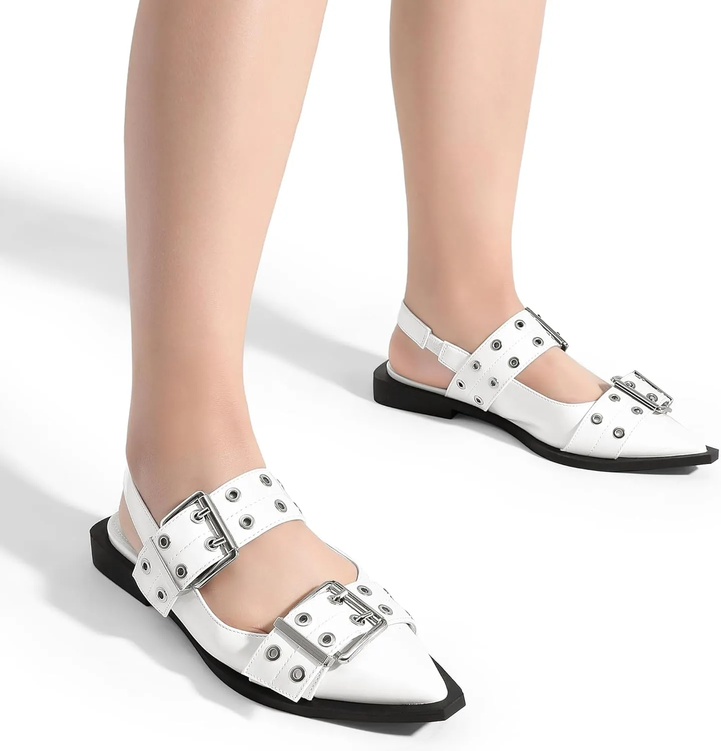 Greatonu Women's Slingback Flats Buckle Pointed Closed Toe Flat Shoes Comfortable Low Block Heel Mary Jane Casual Party Dressy Shoes