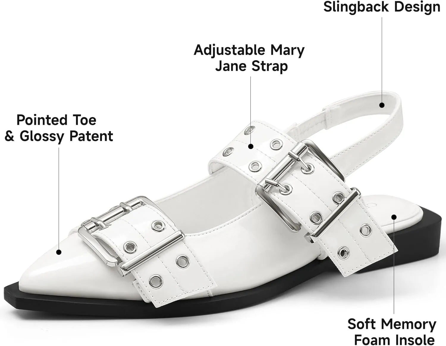 Greatonu Women's Slingback Flats Buckle Pointed Closed Toe Flat Shoes Comfortable Low Block Heel Mary Jane Casual Party Dressy Shoes