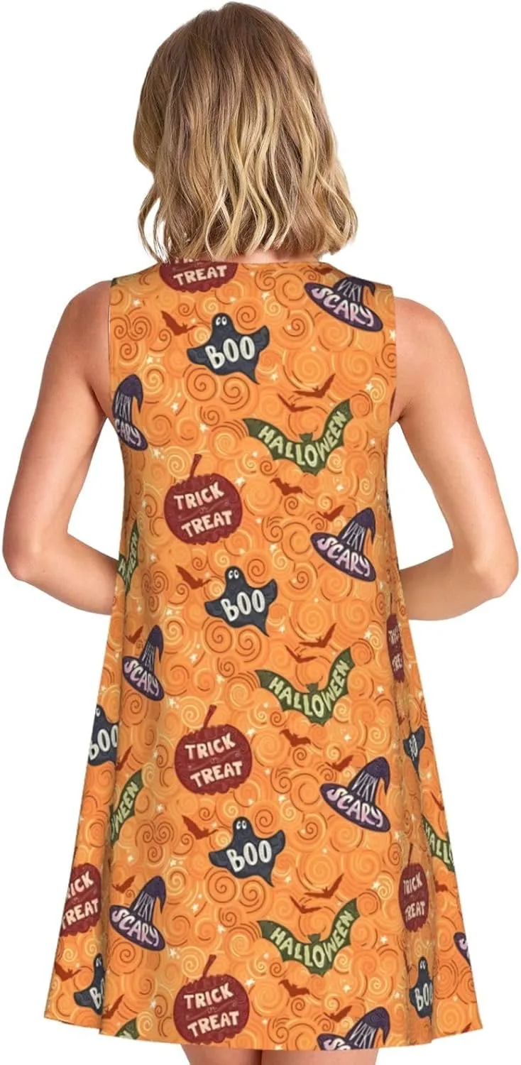 Halloween Spider Web Women's Sleeveless Dress Knee Length Dresses with Pockets Summer Shirt for Travel Office Beach