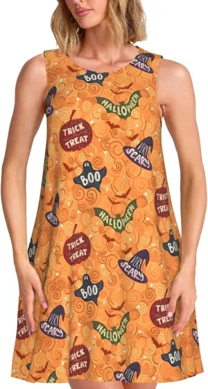 Halloween Spider Web Women's Sleeveless Dress Knee Length Dresses with Pockets Summer Shirt for Travel Office Beach