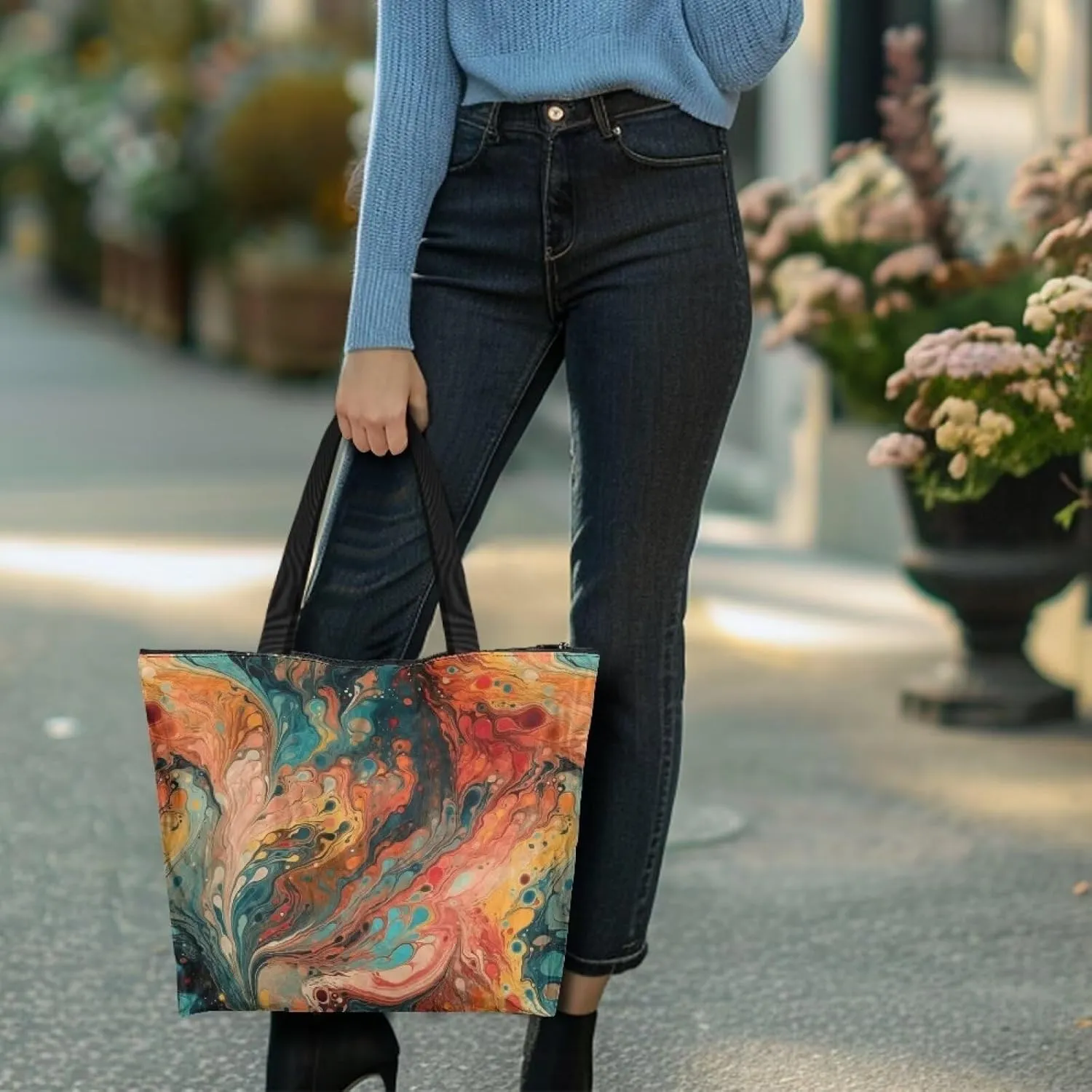 Halloween Sugar Skull Women Tote Paper Bag, Tribal Geometric Stripe Hand Bag, Marble Tile Commute Bag for Work