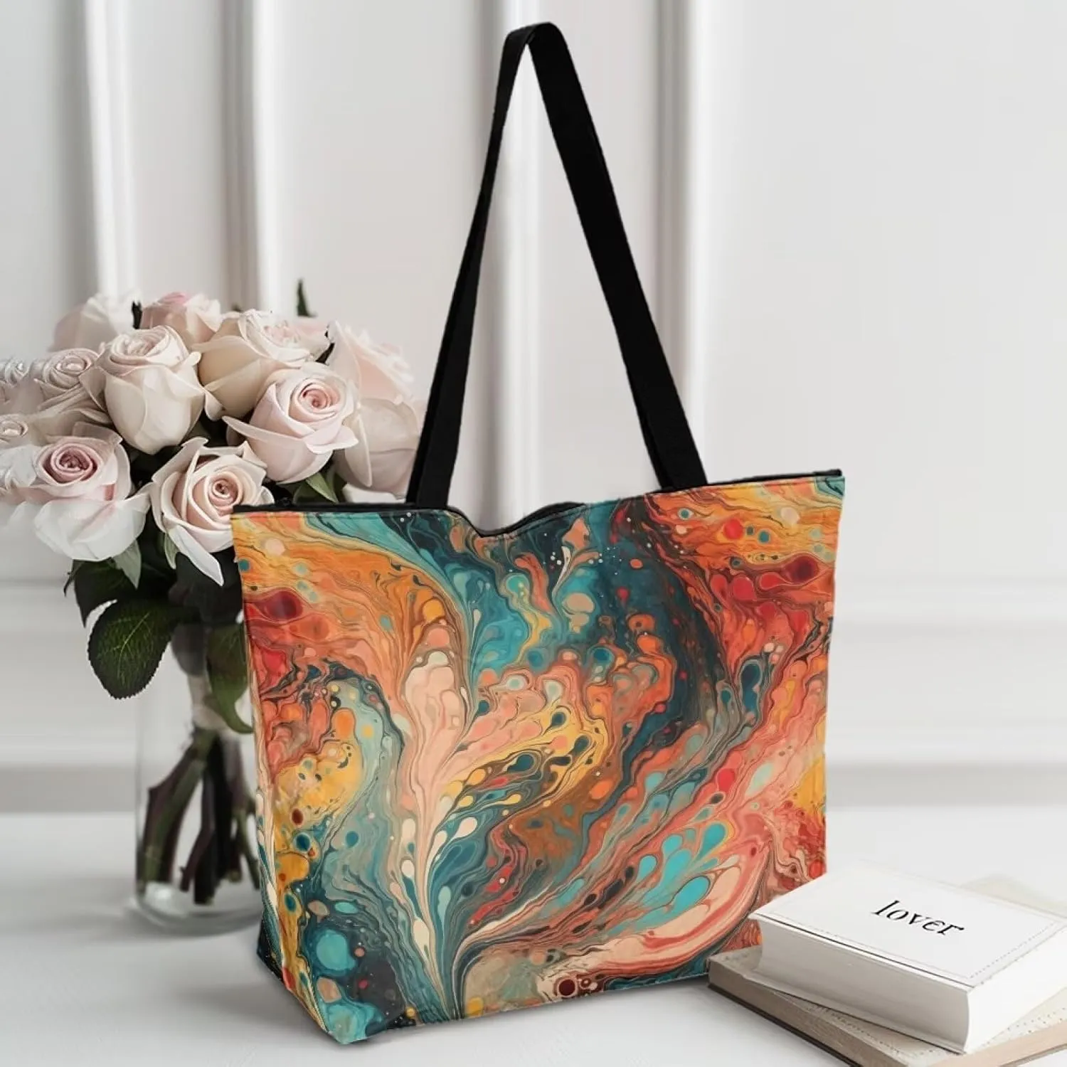 Halloween Sugar Skull Women Tote Paper Bag, Tribal Geometric Stripe Hand Bag, Marble Tile Commute Bag for Work