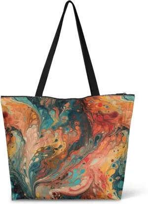 Halloween Sugar Skull Women Tote Paper Bag, Tribal Geometric Stripe Hand Bag, Marble Tile Commute Bag for Work