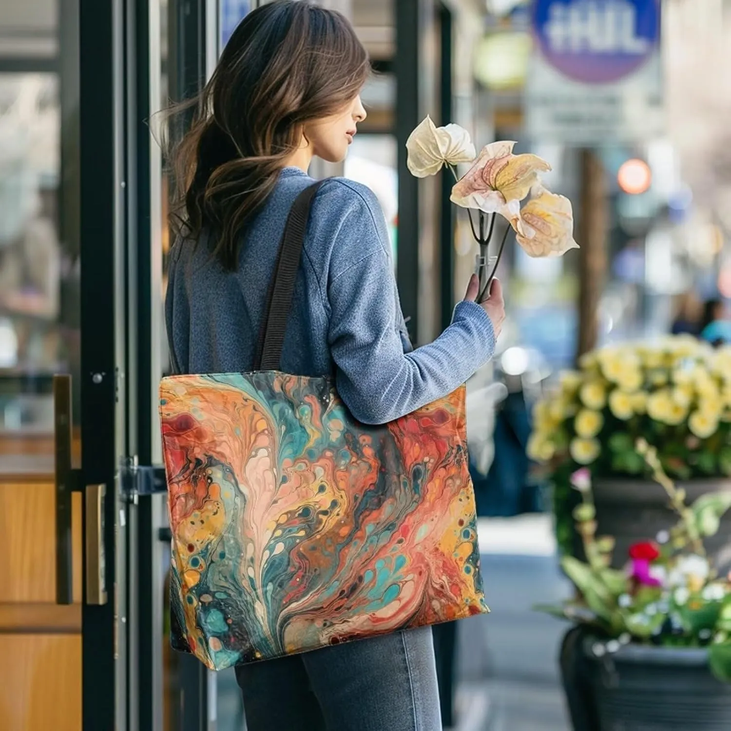 Halloween Sugar Skull Women Tote Paper Bag, Tribal Geometric Stripe Hand Bag, Marble Tile Commute Bag for Work