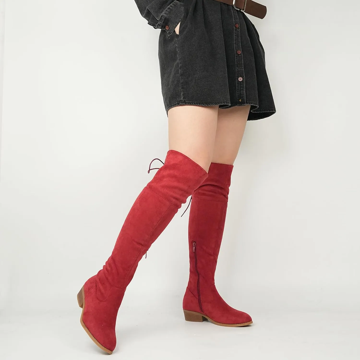 Hawkwell Women's Thigh High Fashion Boots Over The Knee Black Low Flat Heel Boots
