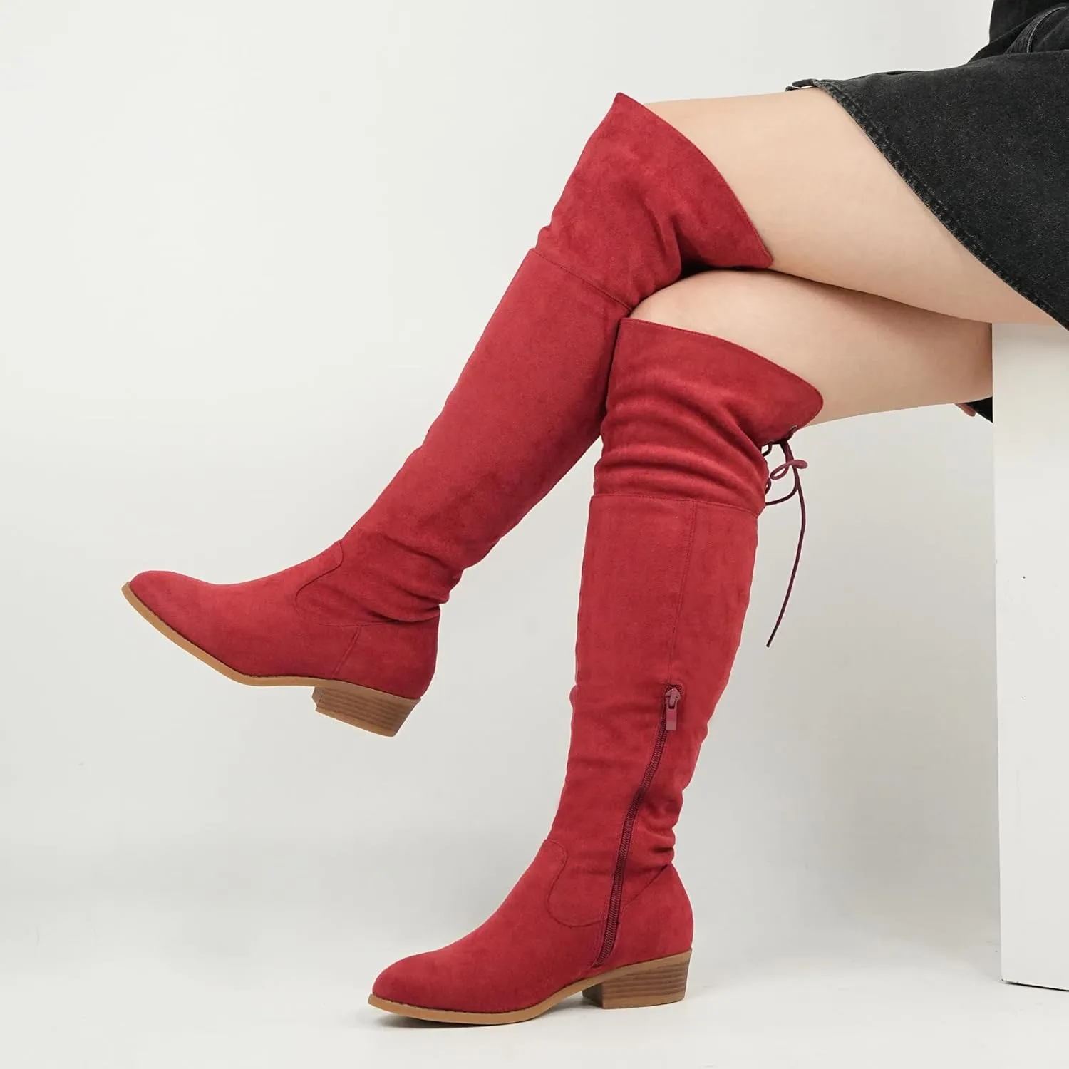 Hawkwell Women's Thigh High Fashion Boots Over The Knee Black Low Flat Heel Boots