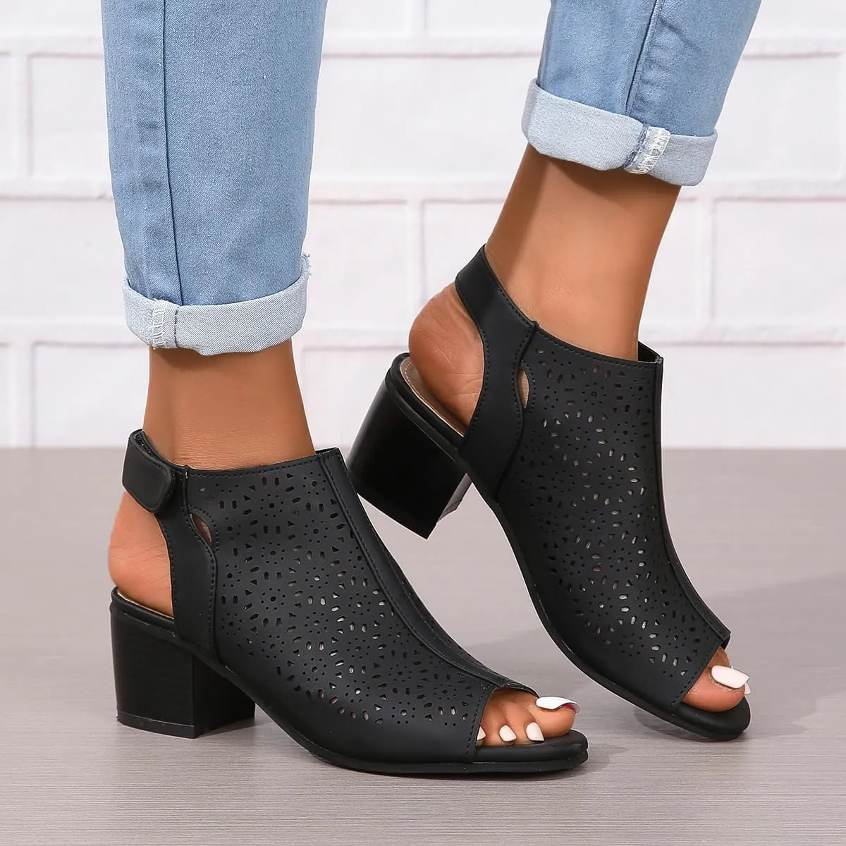 Heeled Sandals for Women Cut Out Peep Toe Summer Chunky Stacked Heel Slingback Ankle Strap Booties, Comfortable Open Toe Heeled Mules Chunky Block Low Heel Slip On Slides