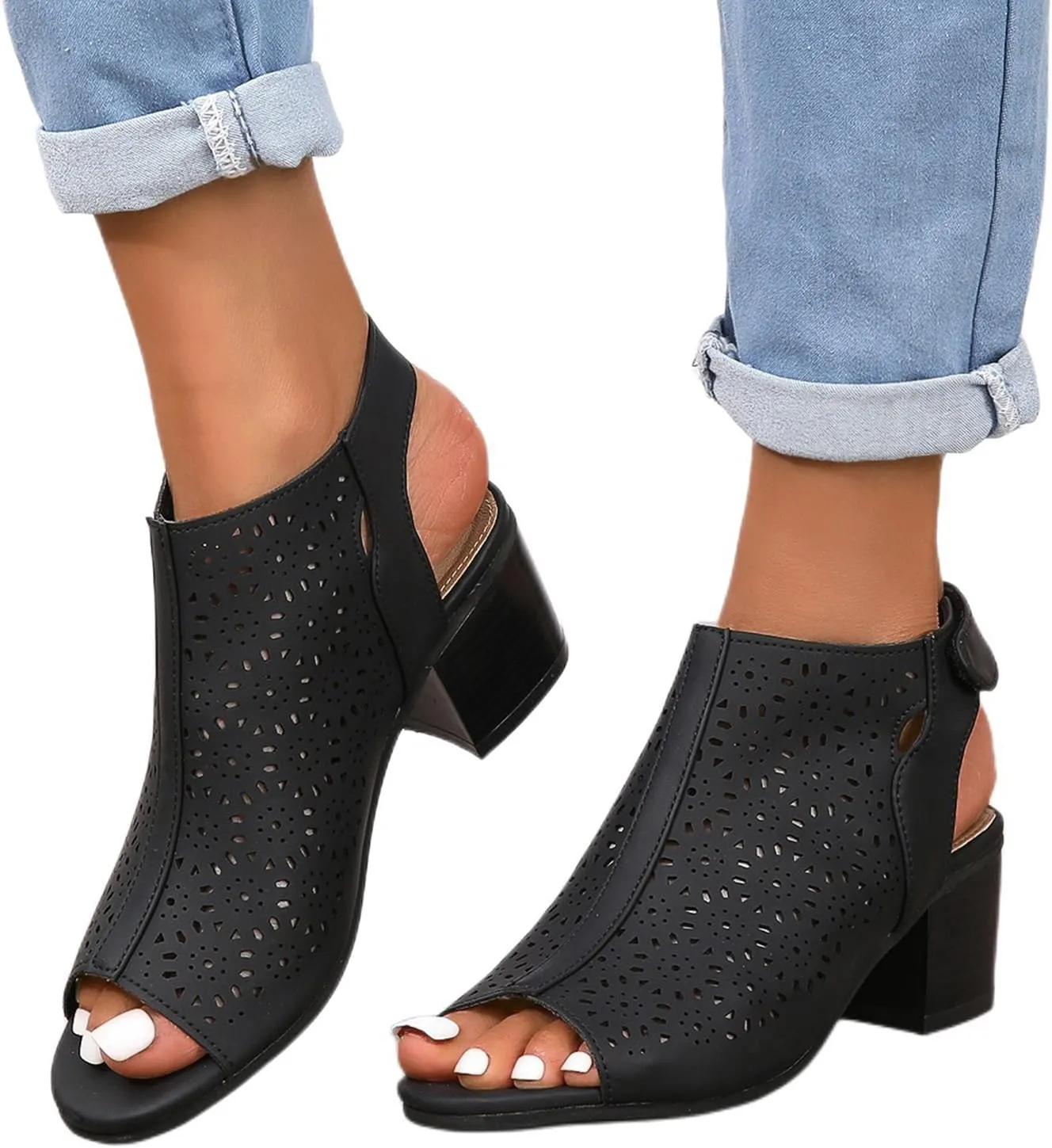 Heeled Sandals for Women Cut Out Peep Toe Summer Chunky Stacked Heel Slingback Ankle Strap Booties, Comfortable Open Toe Heeled Mules Chunky Block Low Heel Slip On Slides