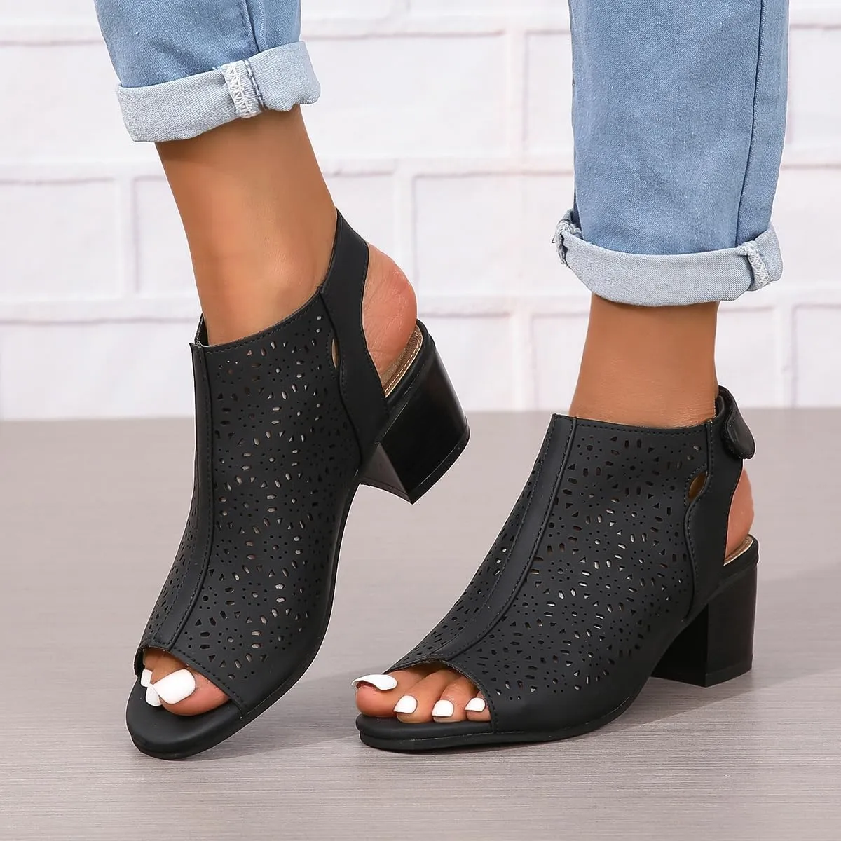 Heeled Sandals for Women Cut Out Peep Toe Summer Chunky Stacked Heel Slingback Ankle Strap Booties, Comfortable Open Toe Heeled Mules Chunky Block Low Heel Slip On Slides