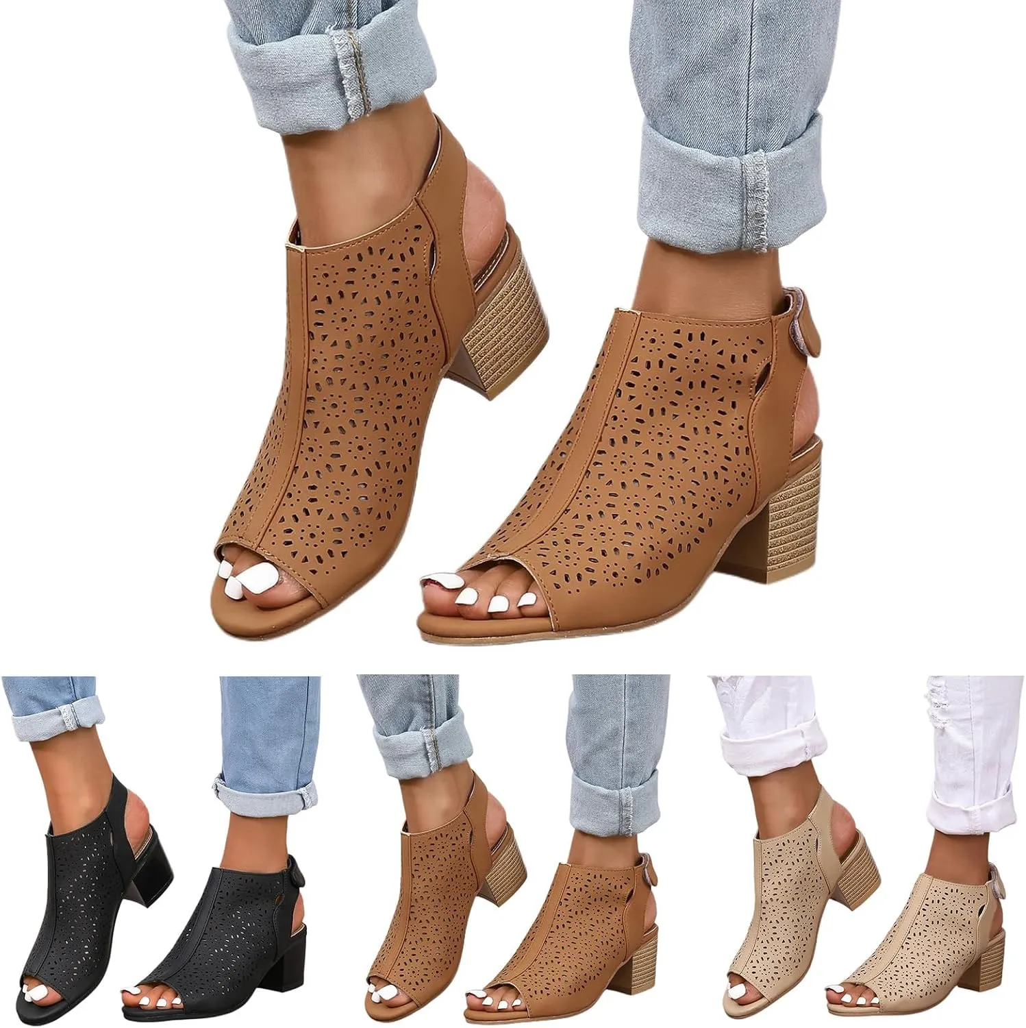 Heeled Sandals for Women Cut Out Peep Toe Summer Chunky Stacked Heel Slingback Ankle Strap Booties, Comfortable Open Toe Heeled Mules Chunky Block Low Heel Slip On Slides