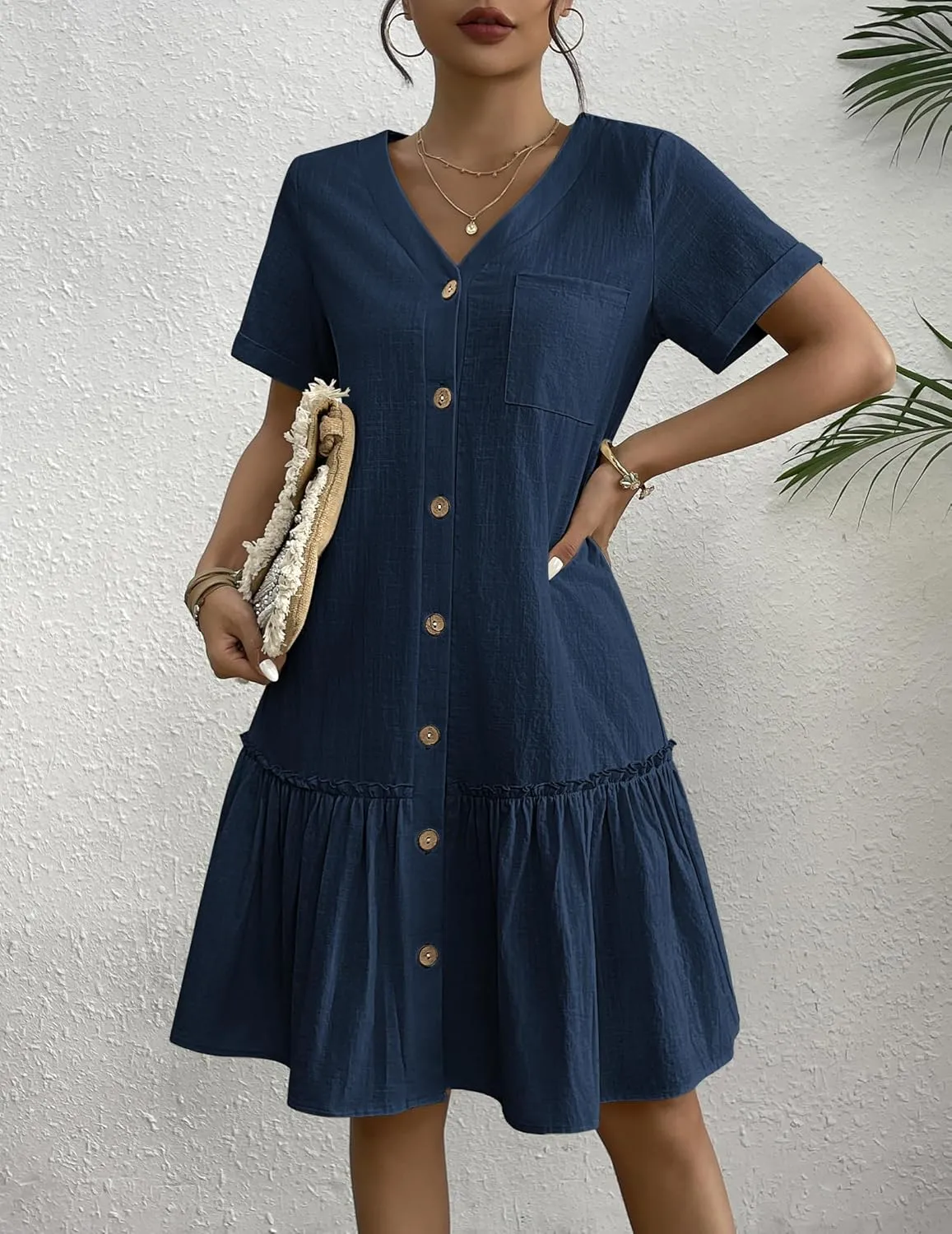 HOTOUCH Women Button Down Dress Loose Summer Cotton Linen Dress Ruffle Hem Casual Dress Short Sleeve Tunic Dress