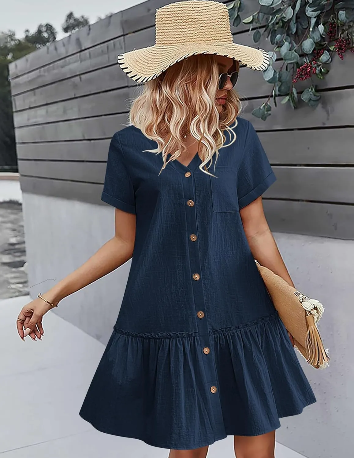 HOTOUCH Women Button Down Dress Loose Summer Cotton Linen Dress Ruffle Hem Casual Dress Short Sleeve Tunic Dress