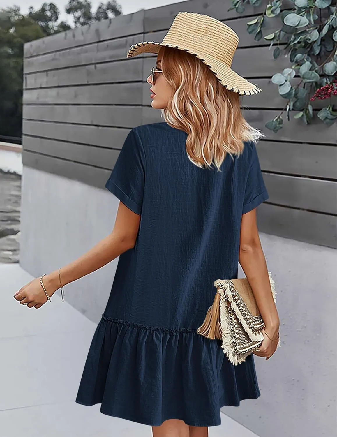 HOTOUCH Women Button Down Dress Loose Summer Cotton Linen Dress Ruffle Hem Casual Dress Short Sleeve Tunic Dress