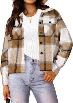 HOTOUCH Womens Flannels Fall Cropped Shacket Plaid Jacket Long Sleeve Button Down Coat 2024 Fall Fashion Trendy Outfits
