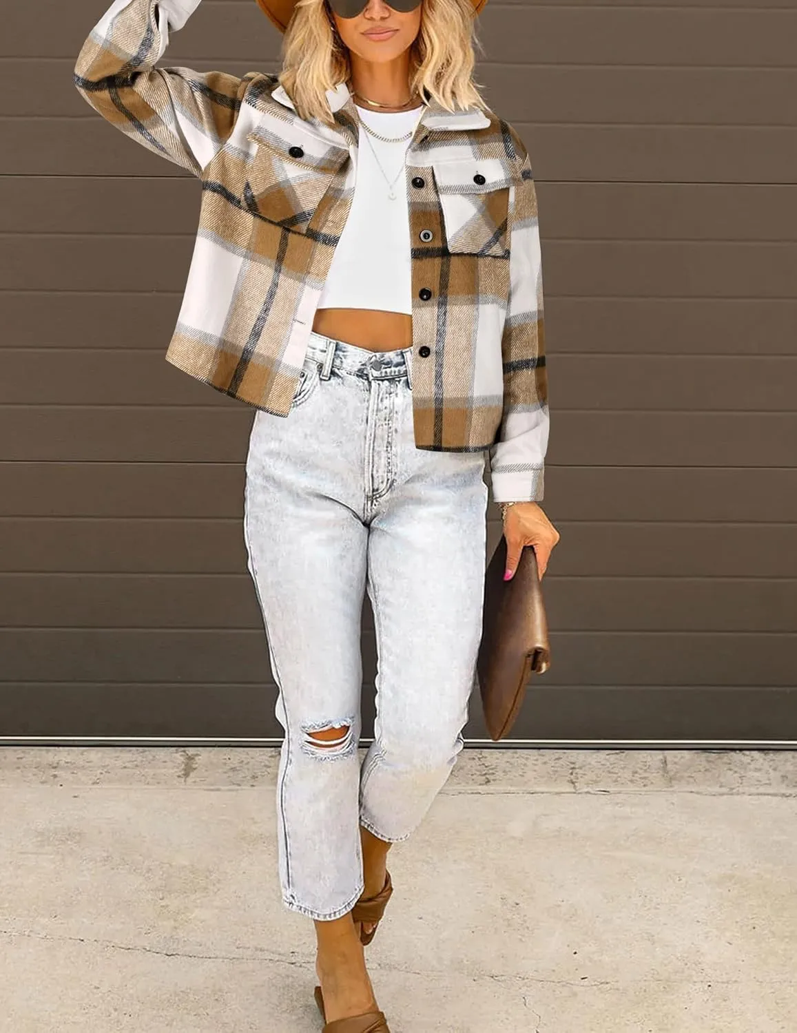 HOTOUCH Womens Flannels Fall Cropped Shacket Plaid Jacket Long Sleeve Button Down Coat 2024 Fall Fashion Trendy Outfits