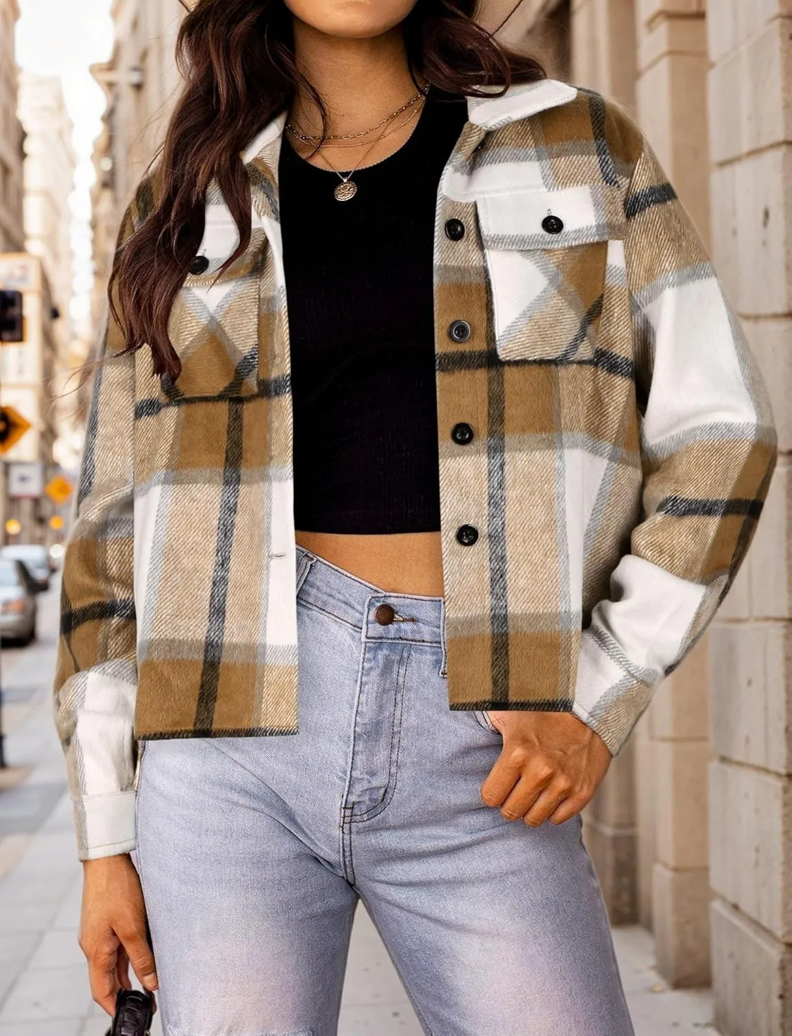 HOTOUCH Womens Flannels Fall Cropped Shacket Plaid Jacket Long Sleeve Button Down Coat 2024 Fall Fashion Trendy Outfits