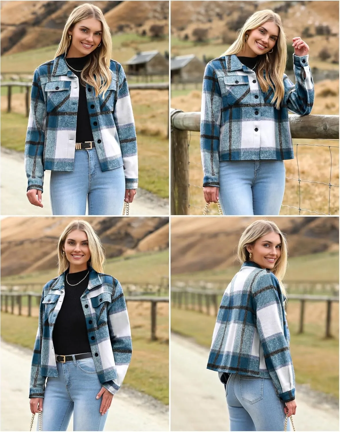 HOTOUCH Womens Flannels Fall Cropped Shacket Plaid Jacket Long Sleeve Button Down Coat 2024 Fall Fashion Trendy Outfits