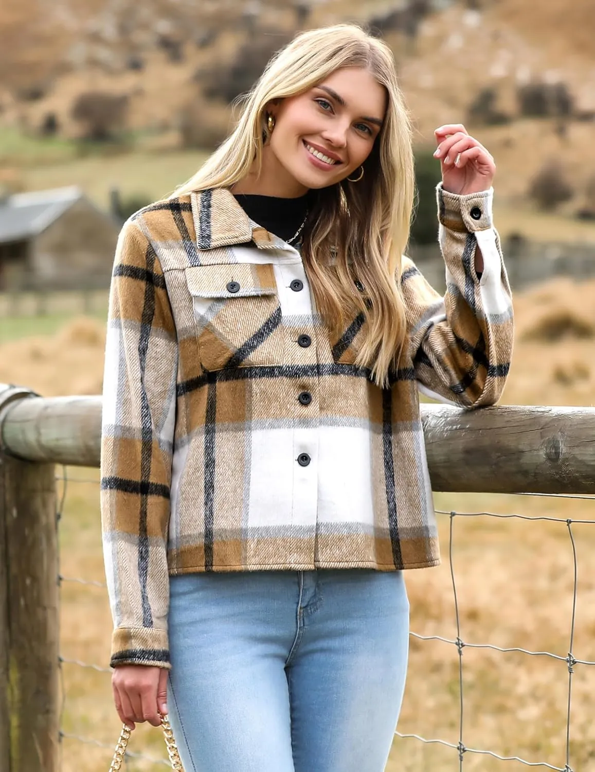 HOTOUCH Womens Flannels Fall Cropped Shacket Plaid Jacket Long Sleeve Button Down Coat 2024 Fall Fashion Trendy Outfits