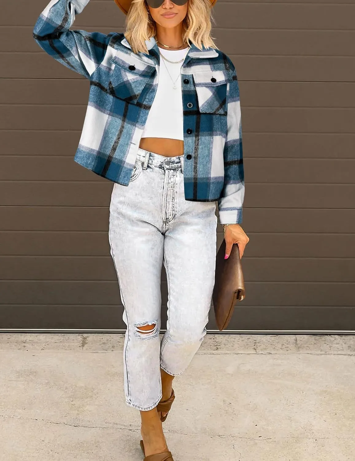 HOTOUCH Womens Flannels Fall Cropped Shacket Plaid Jacket Long Sleeve Button Down Coat 2024 Fall Fashion Trendy Outfits