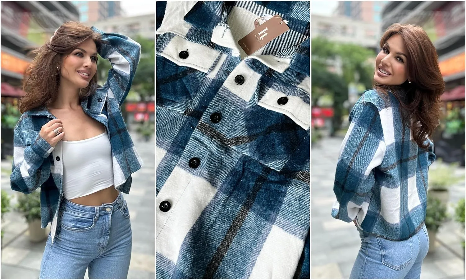 HOTOUCH Womens Flannels Fall Cropped Shacket Plaid Jacket Long Sleeve Button Down Coat 2024 Fall Fashion Trendy Outfits