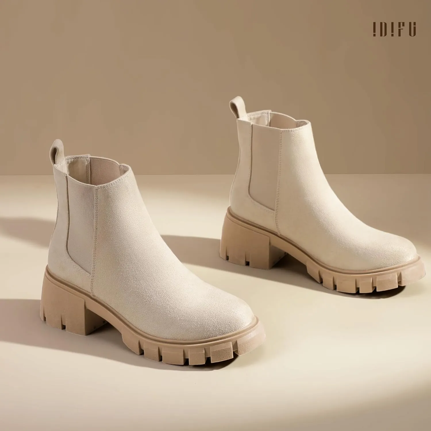 IDIFU IN2 Chelsea Ankle Boots for Women Low Block Chunky Women's Boots Round Toe Short Heeled Ankle Booties Fashion Cute Comfort Trendy Dress Booties Fall Lady Slip On Lug Sole Boots